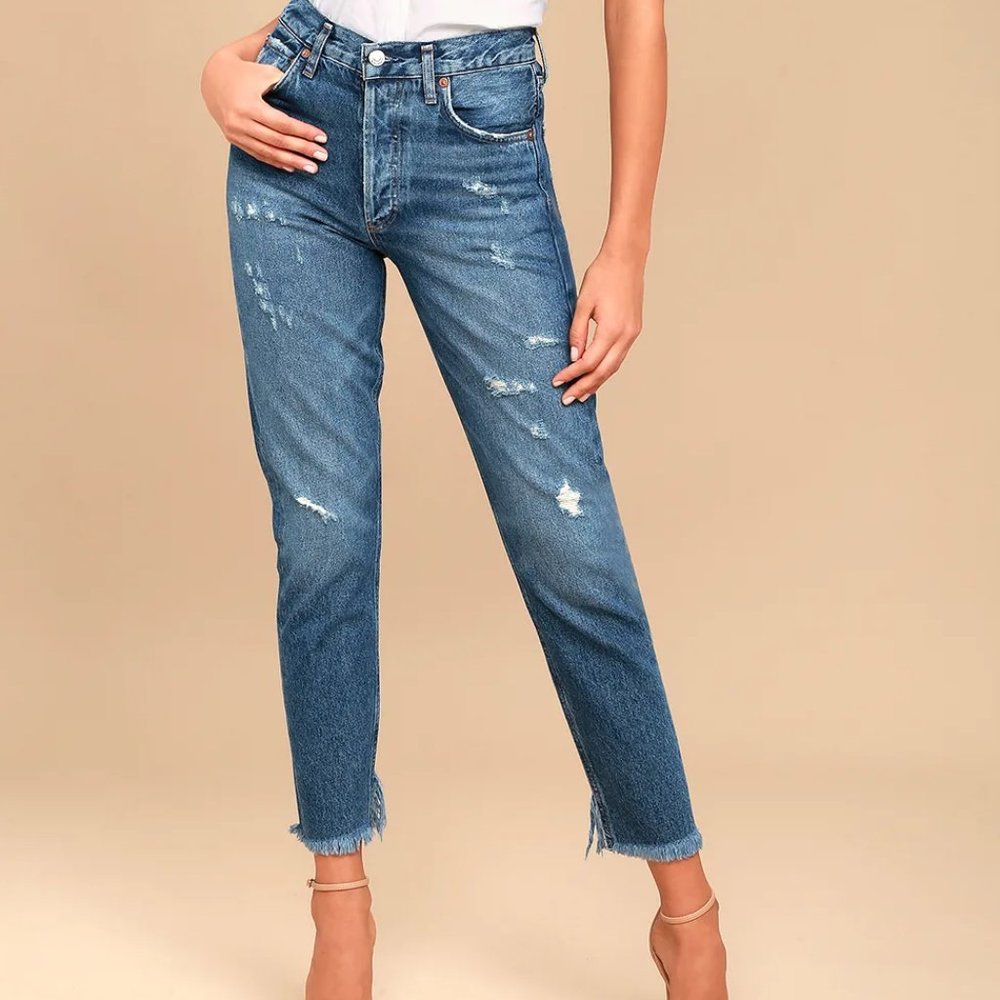 AGOLDE JAMIE HIGH RISE STRAIGHT CROP JEANS RAW HEM DISTRESSED sz 24